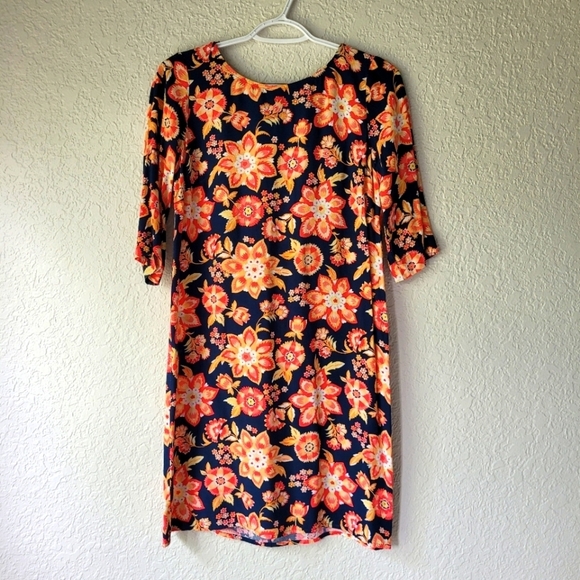 J. Jill Dresses & Skirts - J. Jill Scoop Neck Navy Orange Floral Printed 3/4 Sleeve Sheath Dress Women's 4